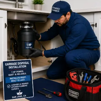 Garbage disposal installation in San Jose with 1 HP unit by licensed kitchen plumber